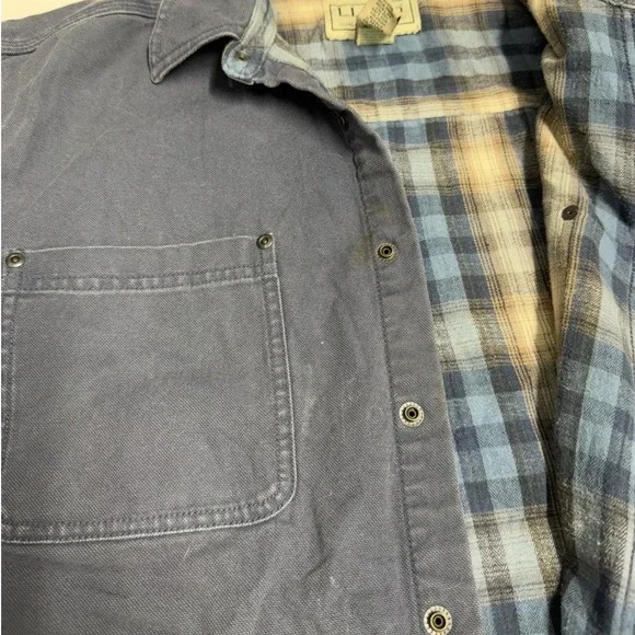 LL Bean Mens Large Flannel Lined Canvas Shirt Jacket Blue Snap Front - Picture 5 of 8